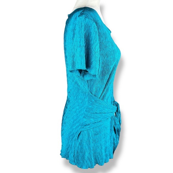 Y2K 2000s Teal Blue Crinkle Tunic Top Womens Size Medium Tie Waist Vibrant USA - Picture 2 of 16